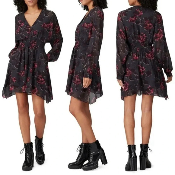 ALLSAINTS Nichola Rosalyn Dress S Black Floral Chiffon Smock Waist Gray $260 - Picture 3 of 12